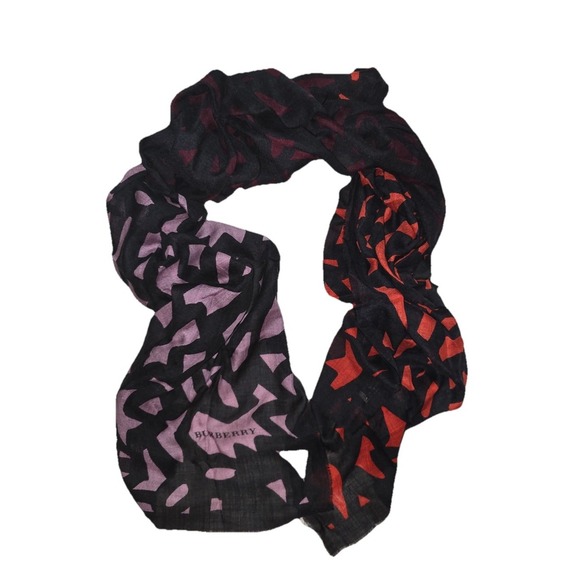 BURBERRY Scarf Maroon Graphic Leaf Print Cashmere Silk Italy 190x70cm NEW *flaw - Picture 1 of 11